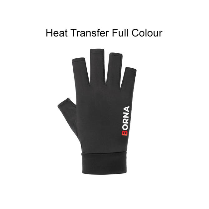 Fingerless gloves in black with a logo, designed for sun protection. Features a sleek, fitted style.