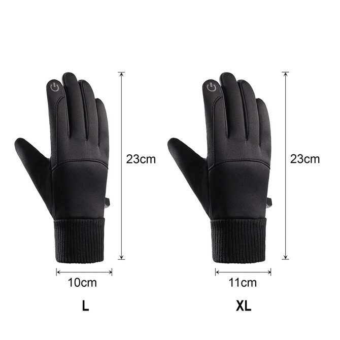 Touchscreen winter gloves in black, displayed in two sizes—L and XL—with dimensions indicated.