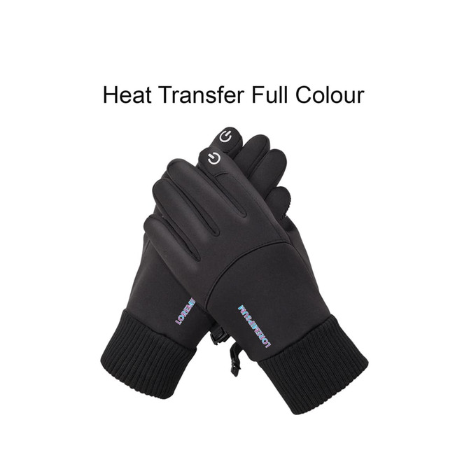 Black touchscreen winter gloves with ribbed wrist cuffs and a logo. They feature a smooth, sleek design.