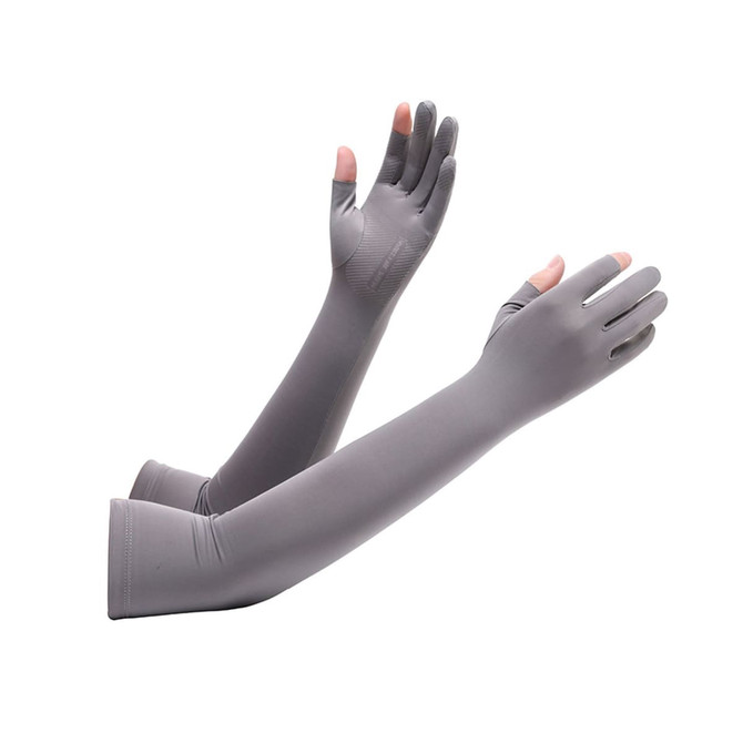Long sleeve sun protective gloves in grey, featuring two open fingers and a streamlined design.
