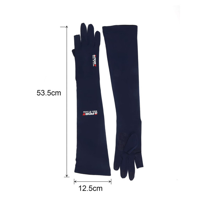 Long sleeve sun protective gloves in navy blue, featuring two open fingers and a logo.