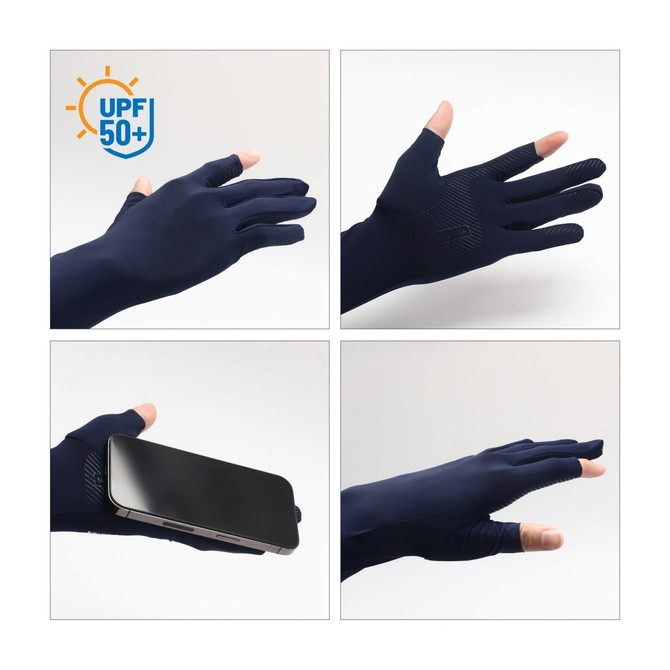 Long sleeve navy gloves featuring two open fingers and a textured grip, suitable for sun protection with UPF 50+.