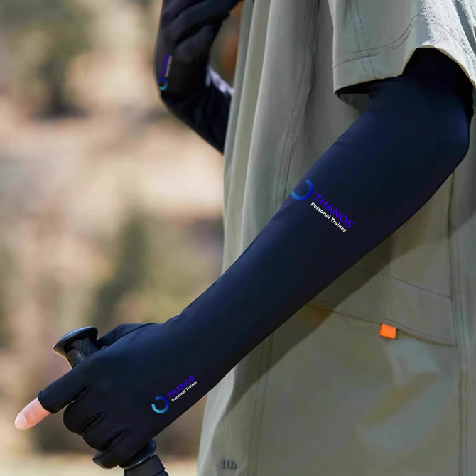 Long sleeve black sun protective gloves featuring two open fingers and a logo. Suitable for outdoor activities.