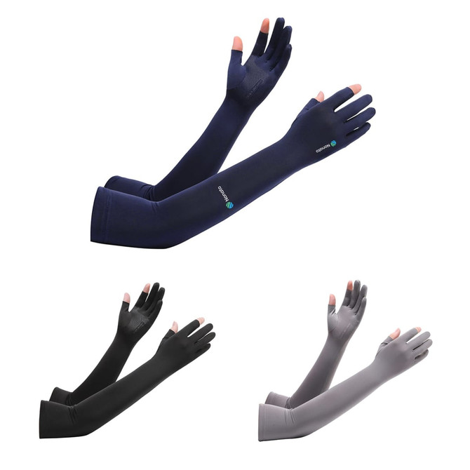 Long sleeve sun protective gloves in navy, black, and grey with two open fingers and a logo.