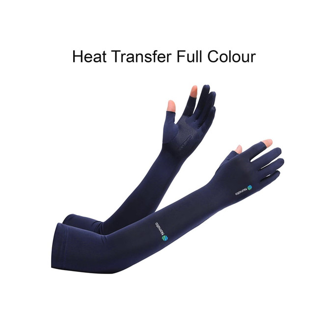 Long sleeve navy sun protective gloves with two open fingers, featuring a logo.