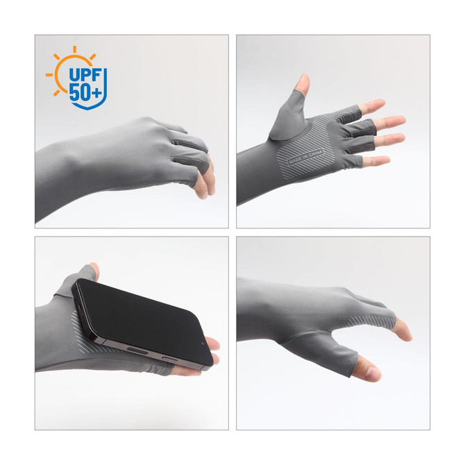 Long sleeve, grey sun protective fingerless gloves with textured grip, designed to cover hands and forearms.