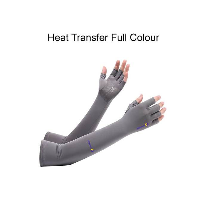 Long sleeve, fingerless gloves in grey with a logo, designed for sun protection.