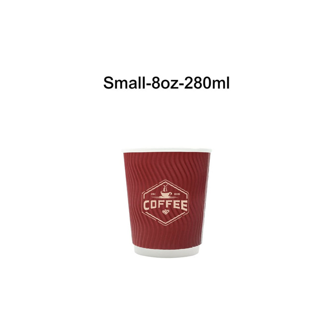 A red double-wall corrugated paper cup designed for beverages, featuring a coffee-themed logo.