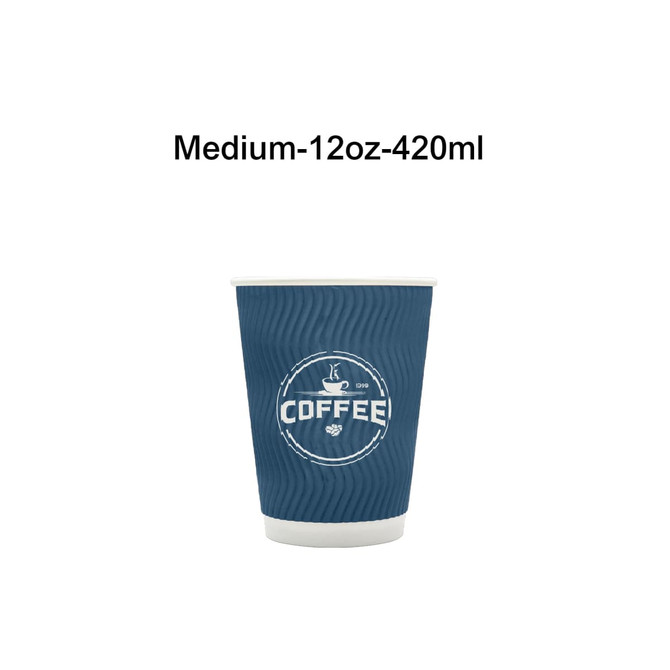 A compostable paper cup in dark blue with a ribbed texture, featuring a logo and design related to coffee.