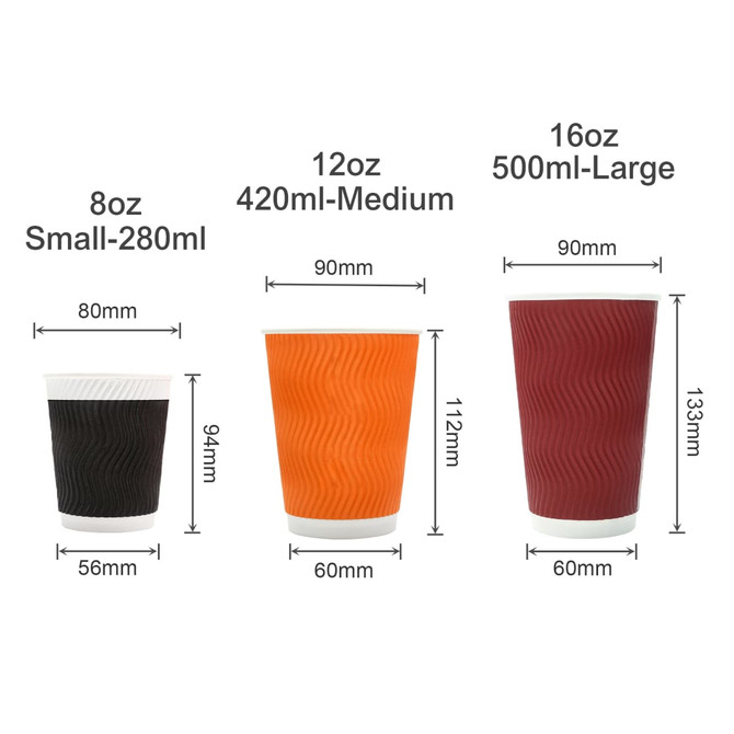 Three custom disposable corrugated double wall paper cups in black, orange, and maroon, with varying sizes and dimensions.