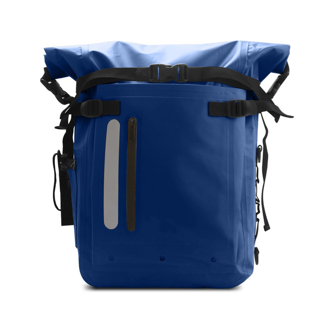 A blue waterproof roll top backpack featuring adjustable straps and a front pocket with a logo.