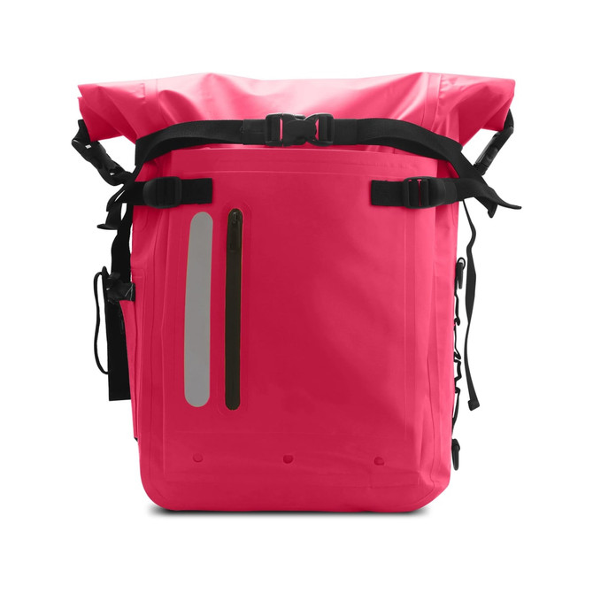 A bright pink waterproof roll top backpack with adjustable straps and reflective elements. It features a logo on the front.