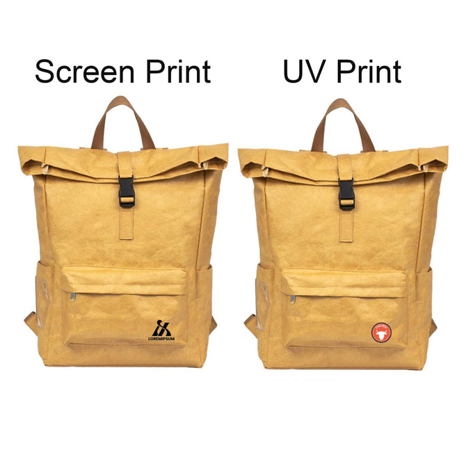 A tan Tyvek roll-top backpack with a front pocket and adjustable straps, featuring two print styles and a logo.