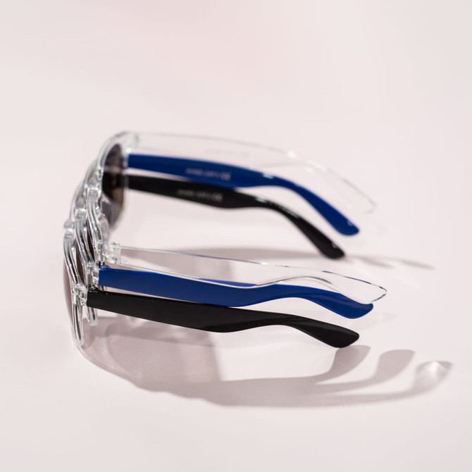 Haze Sunglasses featuring transparent frames with blue and black accents, showcasing multiple colour options.