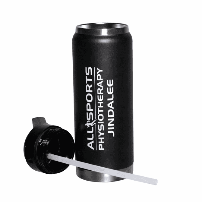 A drink bottle in black with a removable lid and straw, featuring a logo on its surface.