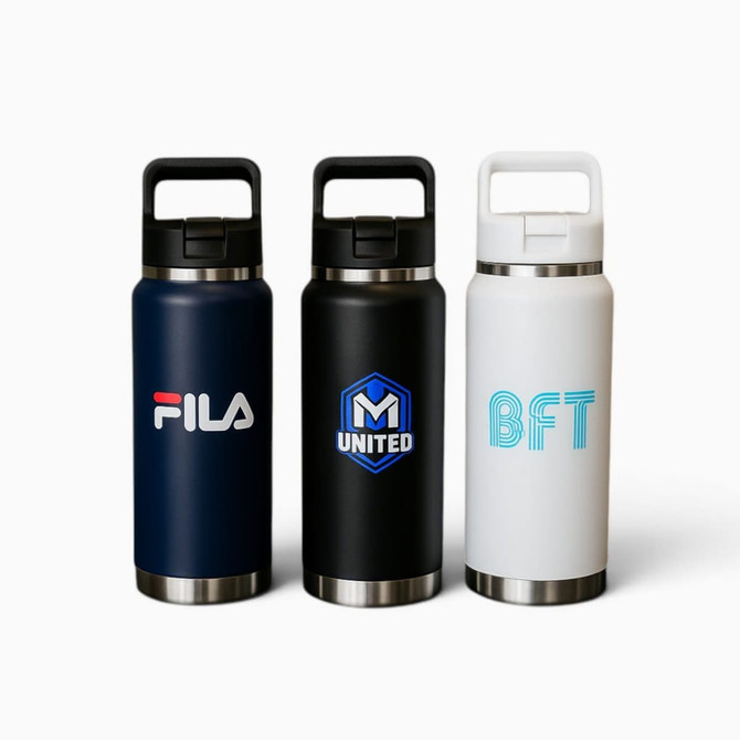 A drink bottle trio in navy blue, black, and white, featuring logos on the front of each bottle.