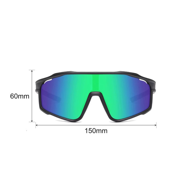 Sport glasses with a black frame and green mirrored lenses, featuring an emblem on the side. Measurements included.