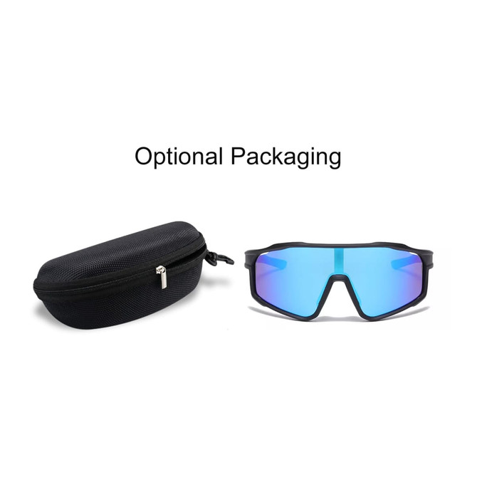 Sport sunglasses with blue reflective lenses, accompanied by a black protective case, featuring a logo.