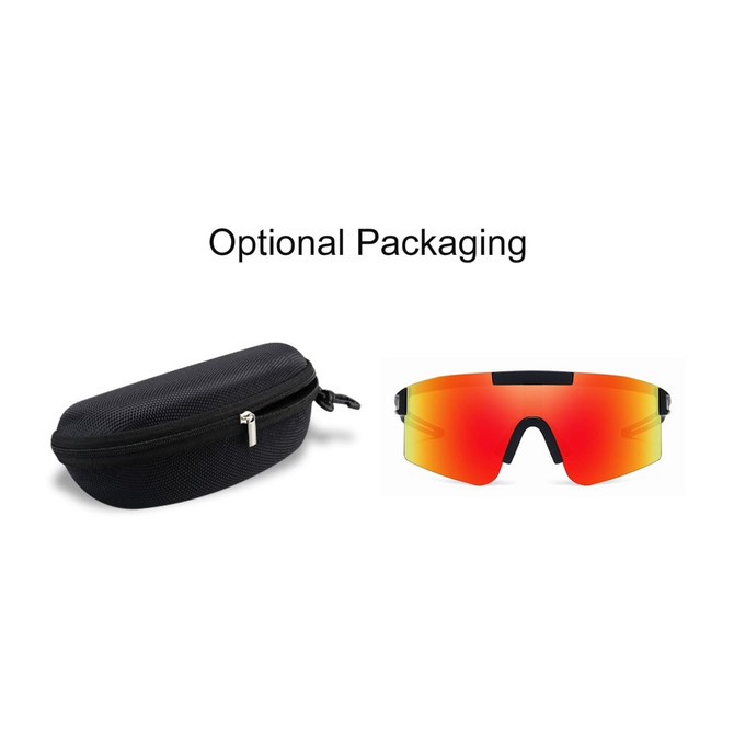 Frameless sports sunglasses with a large red lens and a protective black case. The case features a zip closure.