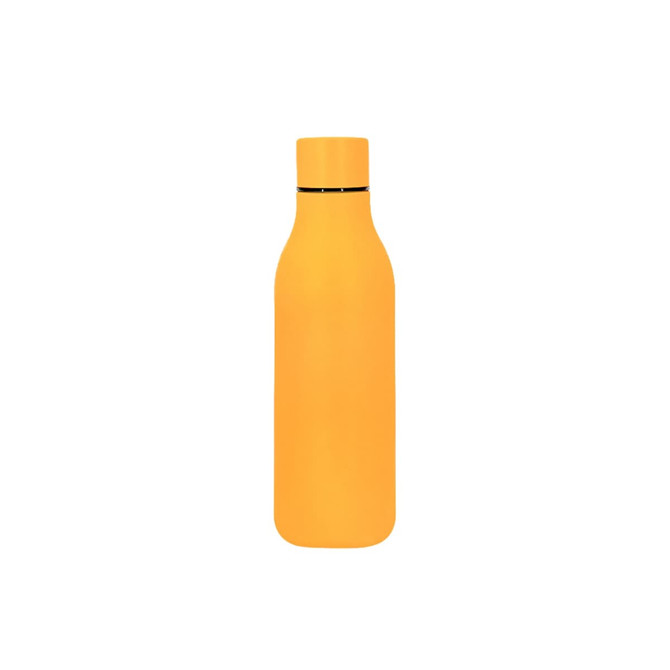 A drink bottle in a vibrant orange finish, featuring a sleek design and a logo on the surface.
