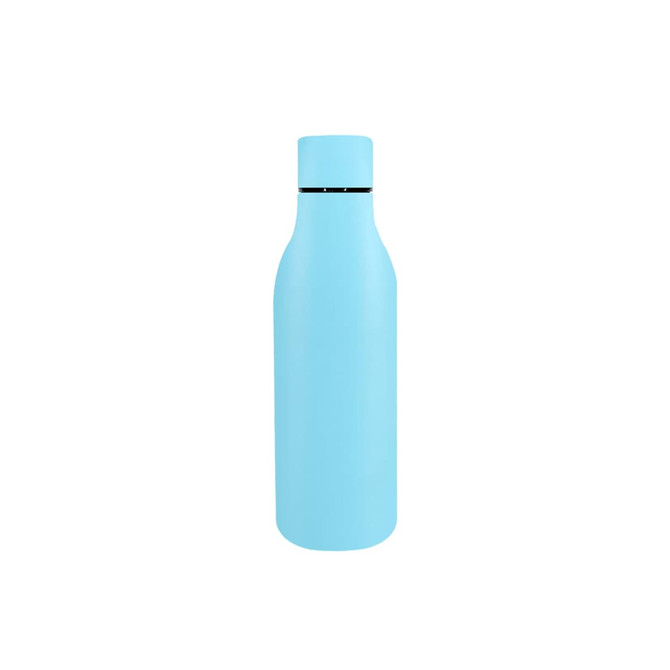 A drink bottle in a light blue colour with a sleek, modern design and a black lid. It has a logo on the surface.