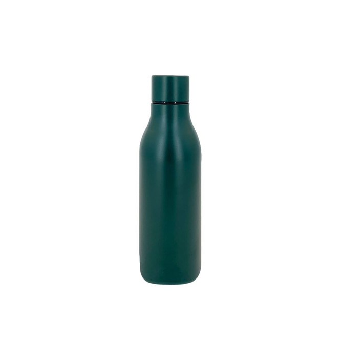 A drink bottle in a matte dark green finish, featuring a sleek design and a screw-on lid. It has a logo on the side.
