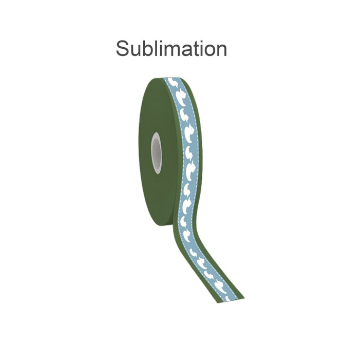 A roll of RPET full-colour printed satin polyester ribbon in green with a blue pattern featuring white designs.