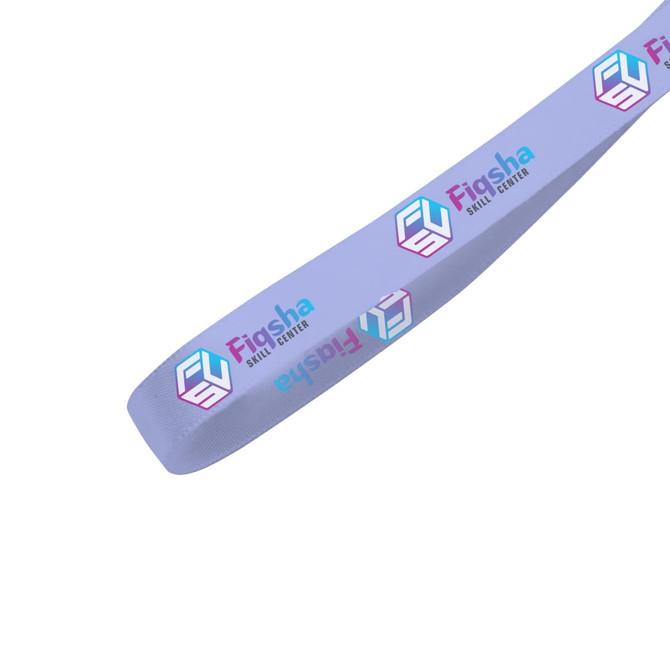 A lavender satin polyester ribbon featuring a logo in vibrant colours, showcasing full colour printing.