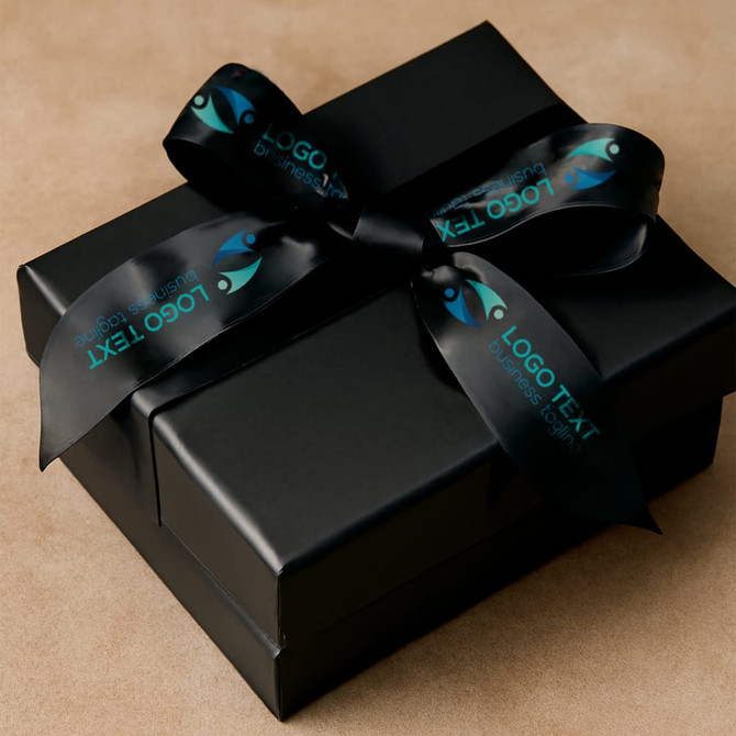 A black gift box wrapped in satin polyester ribbon featuring a blue logo and text.