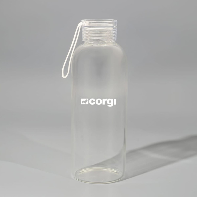 A drink bottle made of clear borosilicate glass with a cap and a white brand logo.