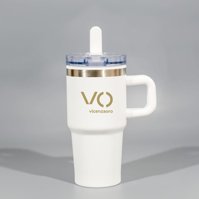 A drink bottle with a white body, gold accents, a clear lid, and a straw. It features a logo.