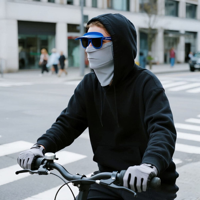 A person wearing blue flip-up visor sunglasses, a black hoodie, and gloves, riding a bicycle on a city street.