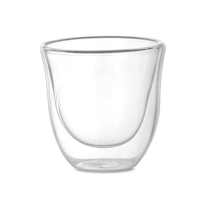 A double wall glass with a clear, transparent design featuring a curved shape and smooth edges.