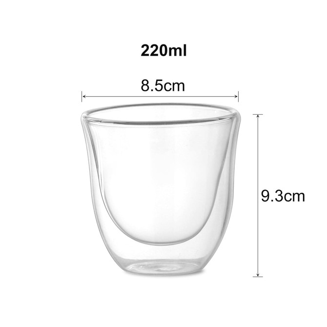 A double wall glass cup in clear colour, featuring dimensions of 220ml, 8.5cm diameter, and 9.3cm height.