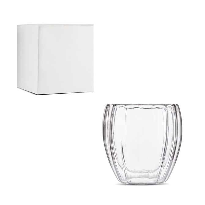 A drink bottle featuring a clear, spiral double wall design, accompanied by a plain white box.