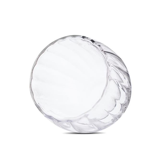 A glass with a spiral double wall design, featuring a clear and smooth surface. It has a logo present.
