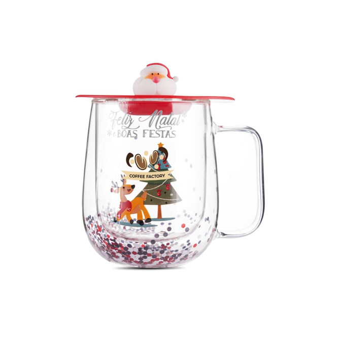 A Christmas-themed double wall mug with a clear body, red lid, and festive decorations featuring a reindeer and tree.