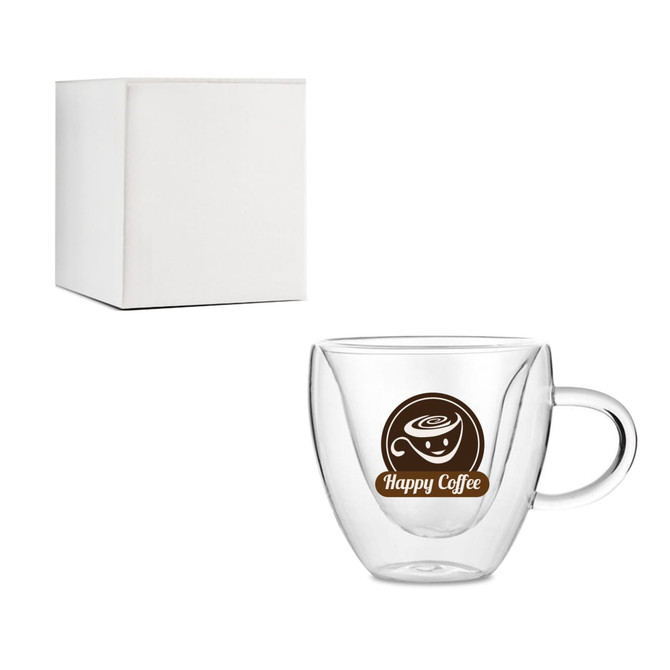 A double wall glass mug with a transparent design and a handle, accompanied by a plain white box.