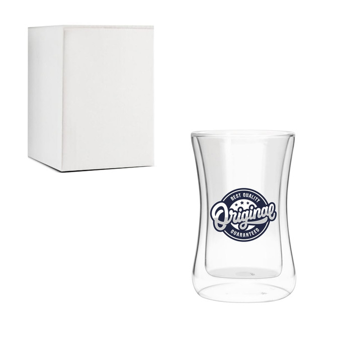 A drink bottle with a curved design, clear glass construction, and a logo; displayed with a plain white box.