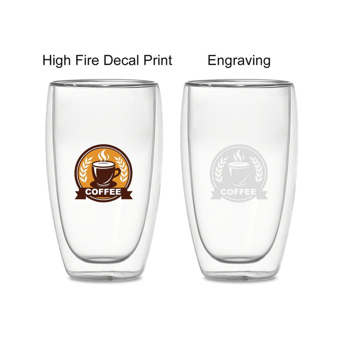 A double wall glass product with a coffee-themed logo and a smooth, clear design. Features options for print and engraving.
