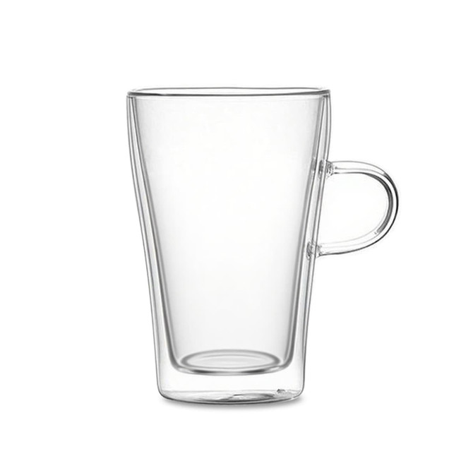 A transparent double wall mug with a handle, featuring a sleek, modern design.