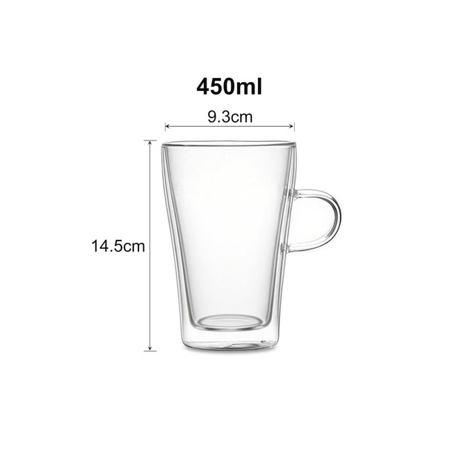 A transparent double wall mug with a handle, measuring 14.5 cm in height and 9.3 cm in diameter, with a 450 ml capacity.
