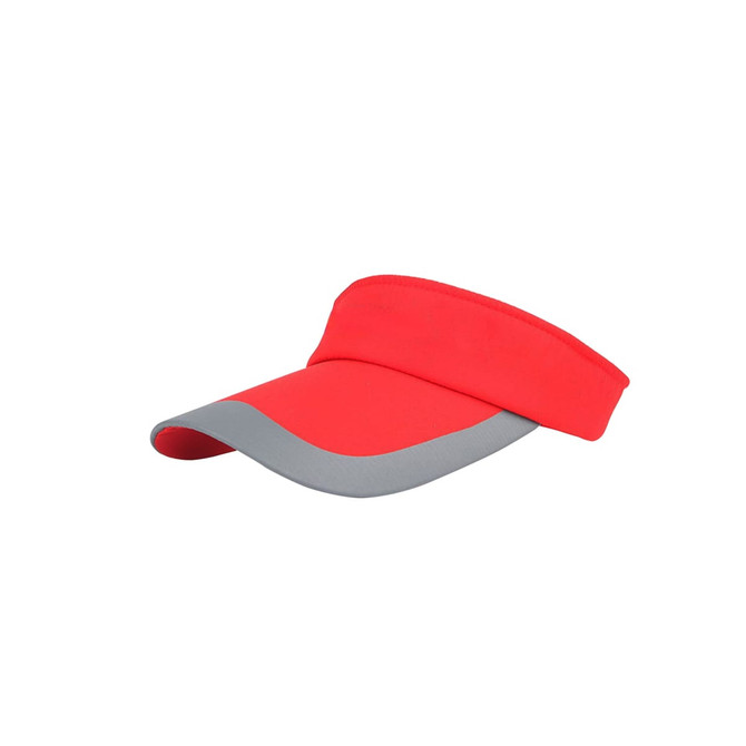 A sun visor in bright red with a grey peak, featuring a logo on the band.