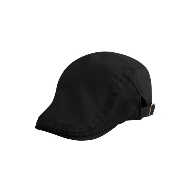 A black beret hat with a sleek design and an adjustable strap at the back.