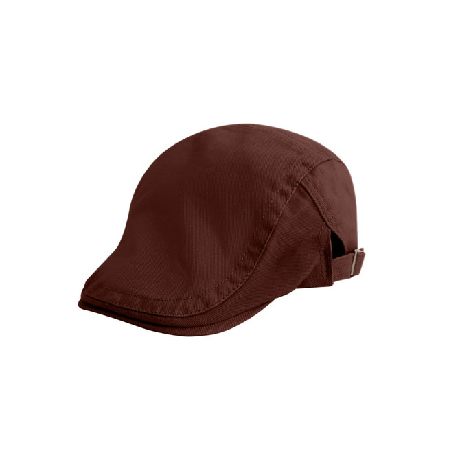 A brown beret hat with a fitted design and adjustable strap at the back. It has a subtle branding logo.