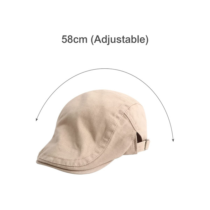 A beige beret hat with an adjustable size and a logo on the side.