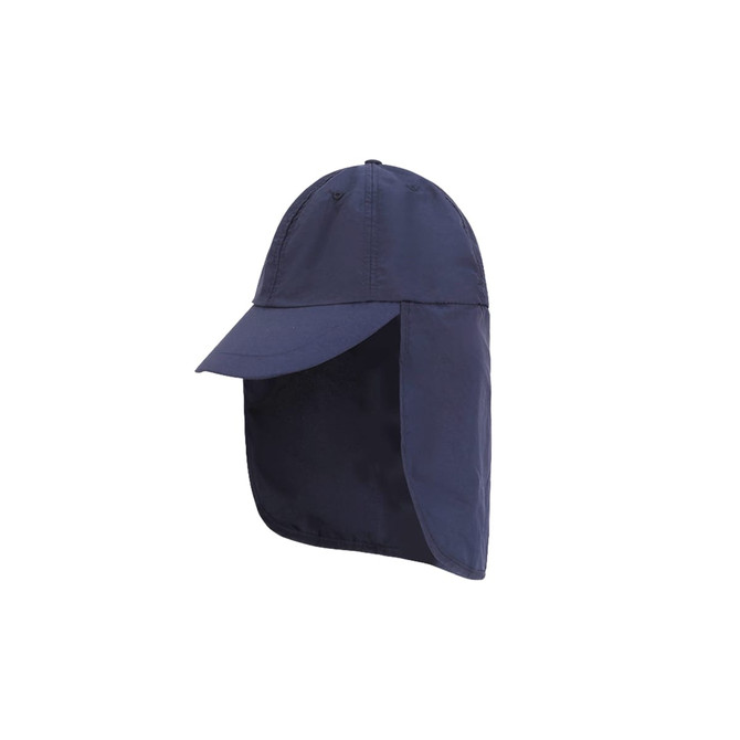 A navy baseball cap with a neck flap, featuring a simple design and a logo on the front.