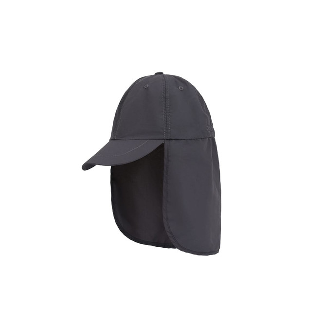 A baseball cap in dark grey featuring a neck flap and a logo on the side.