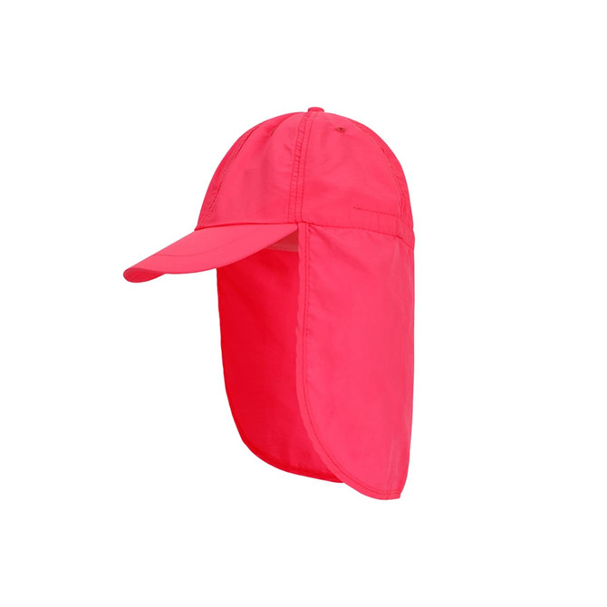 A brightly coloured pink baseball cap with a neck flap and a logo on the side.
