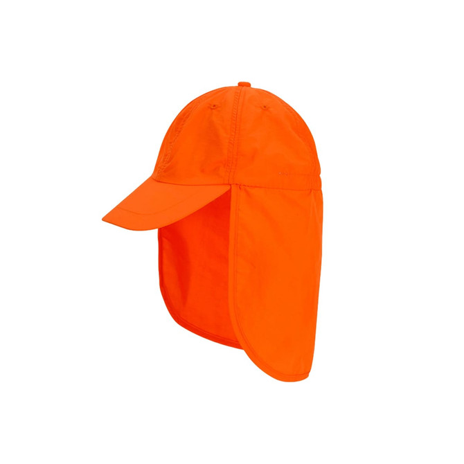 An orange baseball cap with a neck flap and a logo, designed for sun protection.